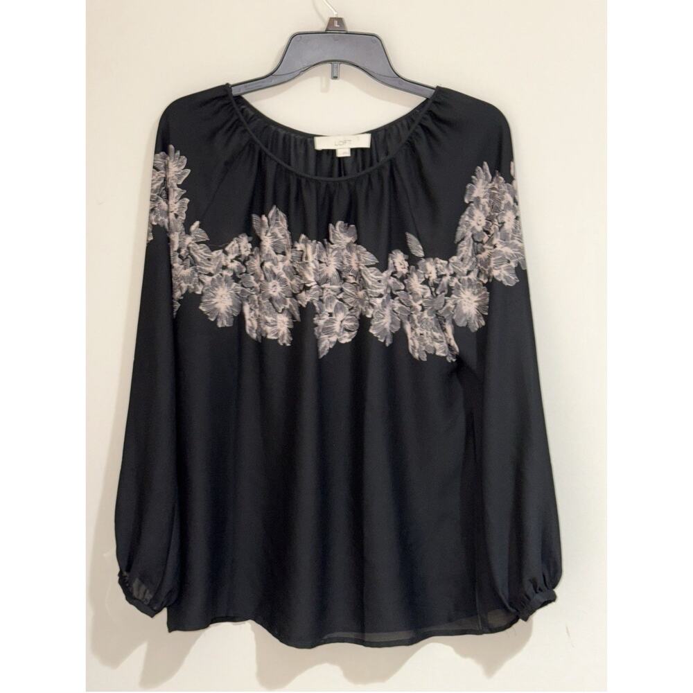Ann Taylor Loft Black Sheer With‎ Tan Floral Long Sleeve Blouse Women's Large